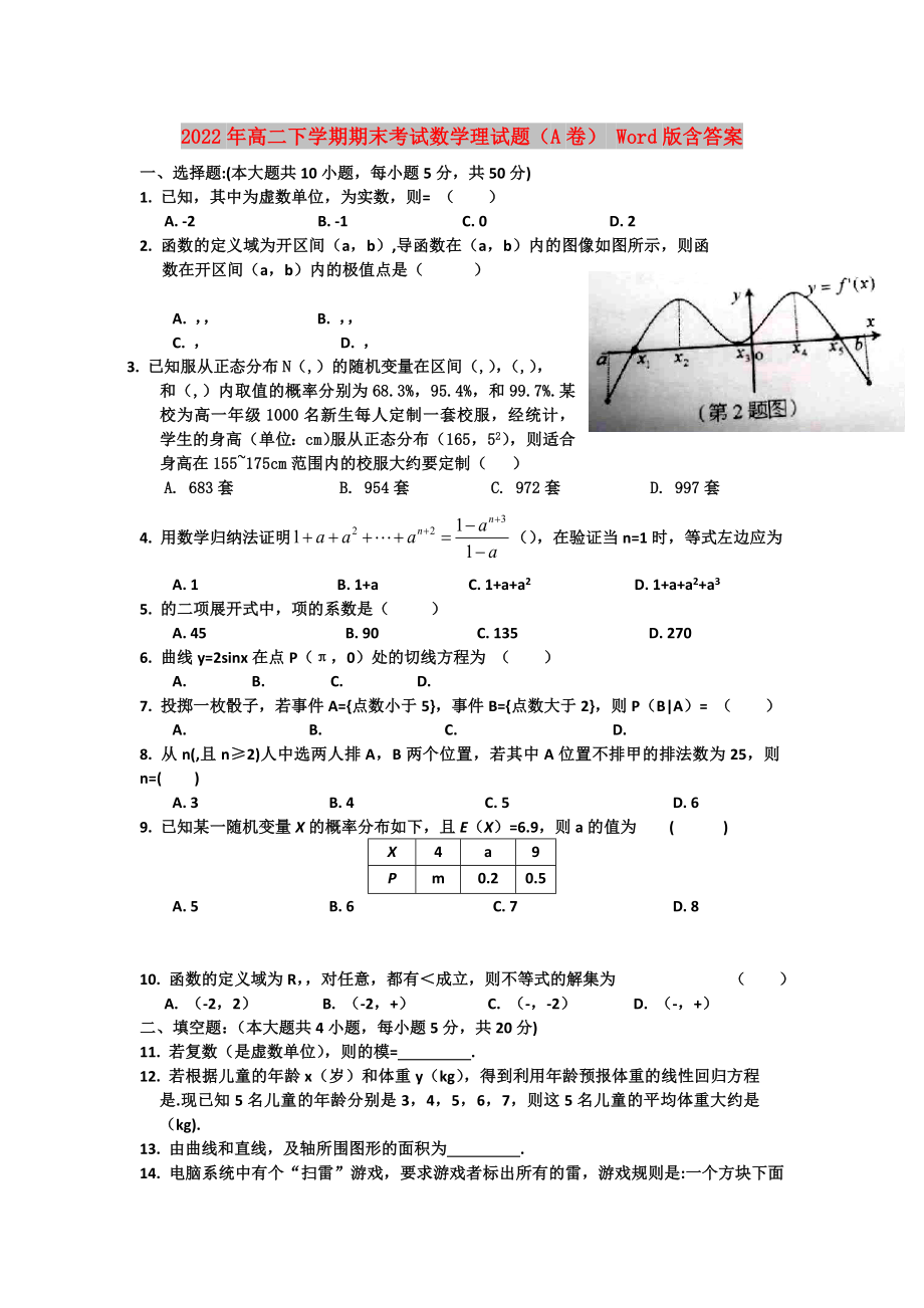 2022年高二下学期期末考试数学理试题（A卷） Word版含答案_第1页