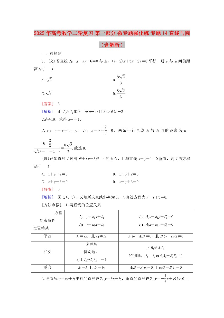 2022年高考數(shù)學(xué)二輪復(fù)習(xí) 第一部分 微專題強(qiáng)化練 專題14 直線與圓（含解析）_第1頁