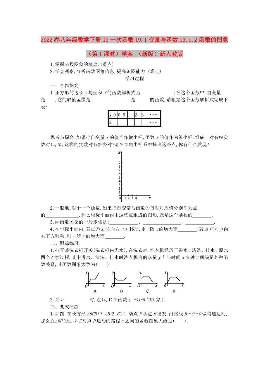 2022春八年級數(shù)學(xué)下冊 19 一次函數(shù) 19.1 變量與函數(shù) 19.1.2 函數(shù)的圖象（第1課時）學(xué)案 （新版）新人教版_第1頁