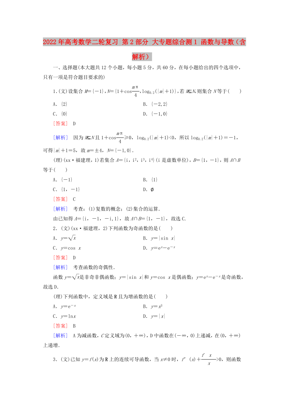 2022年高考數(shù)學(xué)二輪復(fù)習(xí) 第2部分 大專題綜合測(cè)1 函數(shù)與導(dǎo)數(shù)（含解析）_第1頁