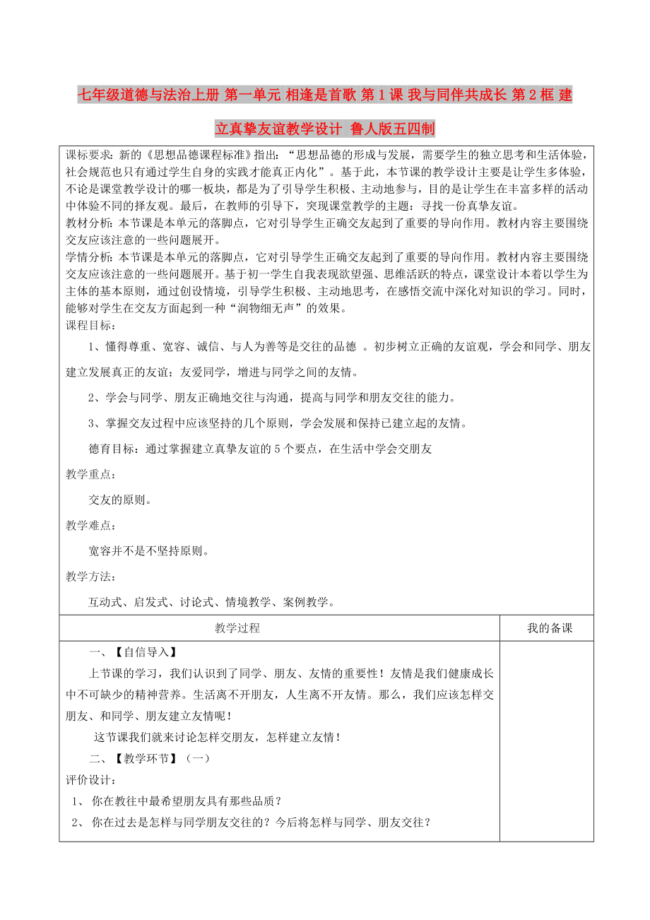 七年級道德與法治上冊 第一單元 相逢是首歌 第1課 我與同伴共成長 第2框 建立真摯友誼教學(xué)設(shè)計 魯人版五四制_第1頁