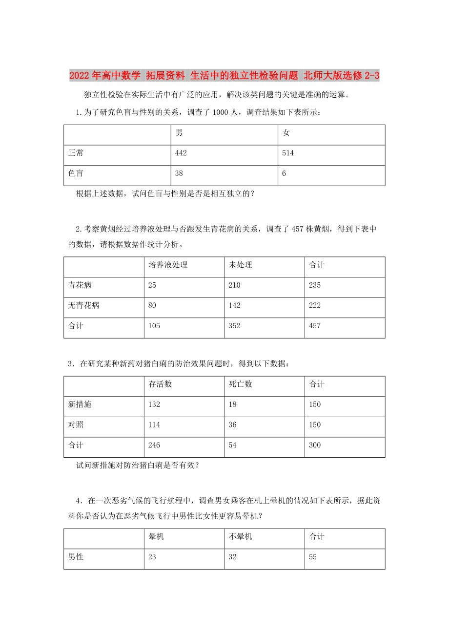 2022年高中数学 拓展资料 生活中的独立性检验问题 北师大版选修2-3_第1页