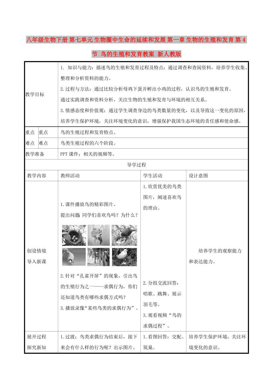 八年級(jí)生物下冊 第七單元 生物圈中生命的延續(xù)和發(fā)展 第一章 生物的生殖和發(fā)育 第4節(jié) 鳥的生殖和發(fā)育教案 新人教版_第1頁