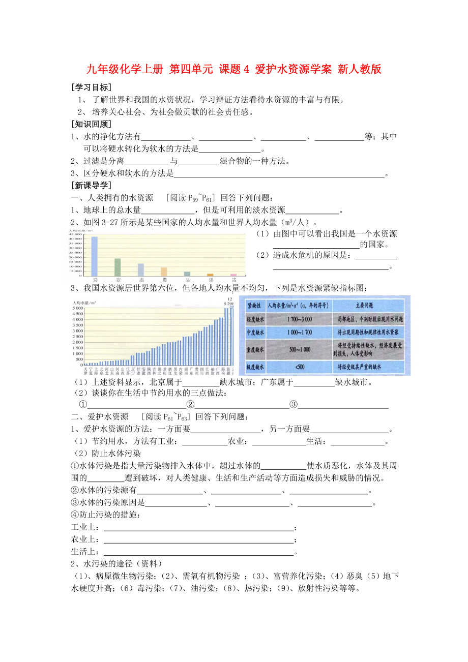 九年級(jí)化學(xué)上冊(cè) 第四單元 課題4 愛(ài)護(hù)水資源學(xué)案 新人教版_第1頁(yè)