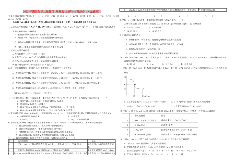 2022年高三化學(xué)二輪復(fù)習(xí) 周測卷 水解與電離綜合1（含解析）_第1頁