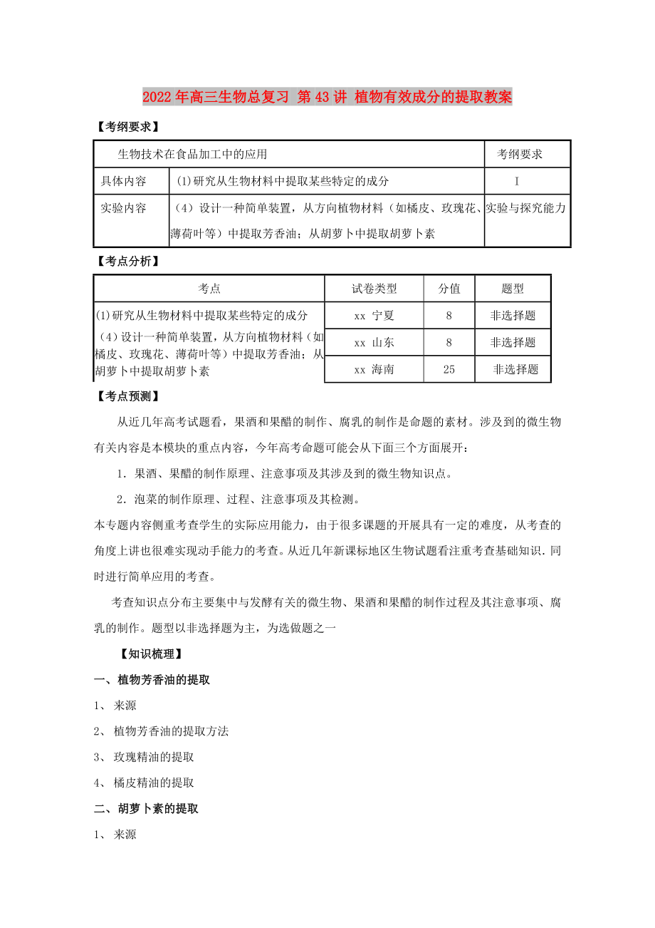 2022年高三生物总复习 第43讲 植物有效成分的提取教案_第1页