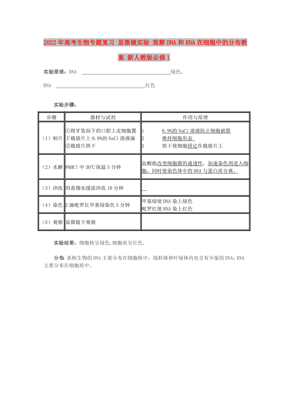 2022年高考生物專(zhuān)題復(fù)習(xí) 顯微鏡實(shí)驗(yàn) 觀察DNA和RNA在細(xì)胞中的分布教案 新人教版必修1_第1頁(yè)