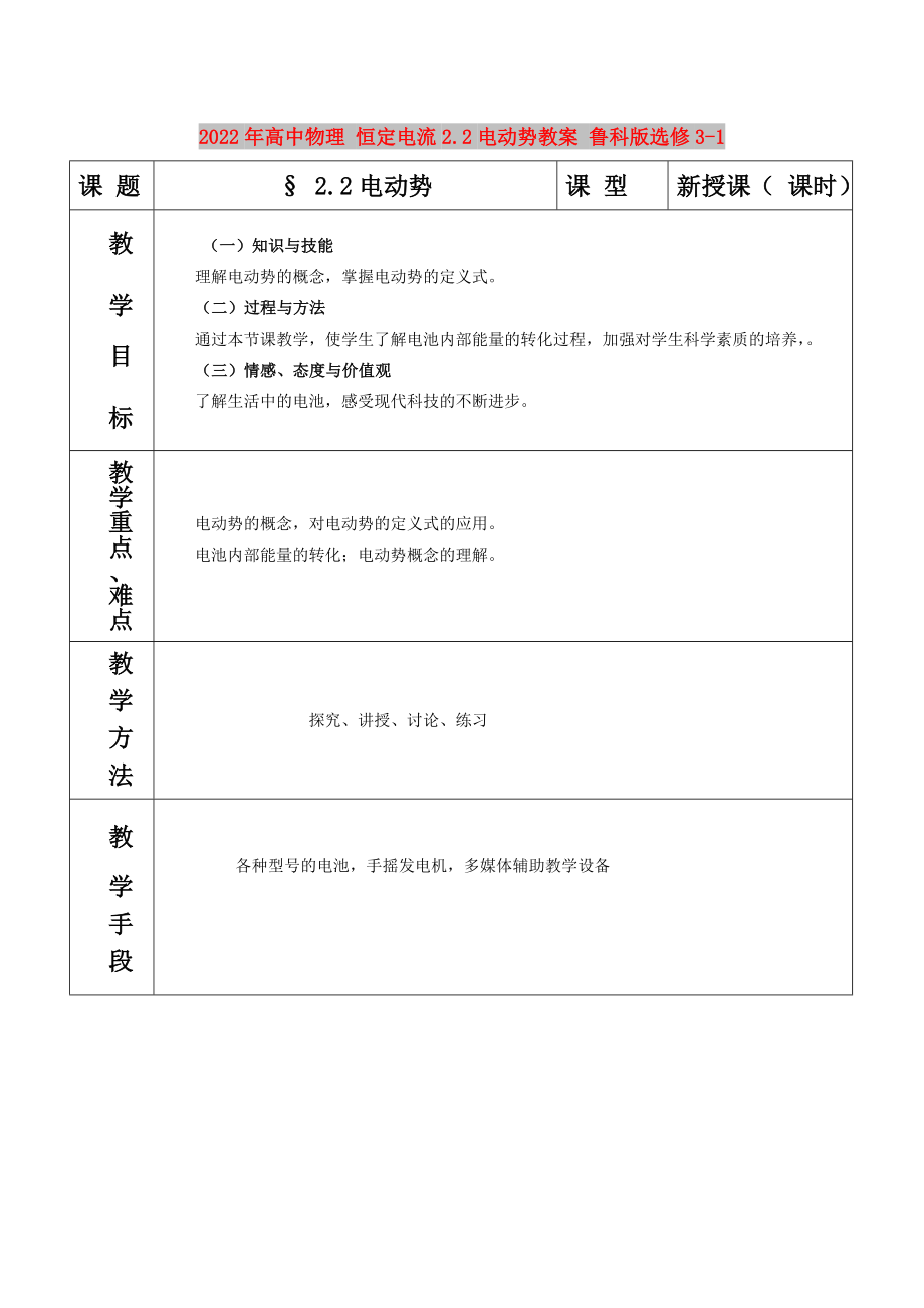 2022年高中物理 恒定電流2.2電動(dòng)勢(shì)教案 魯科版選修3-1_第1頁(yè)