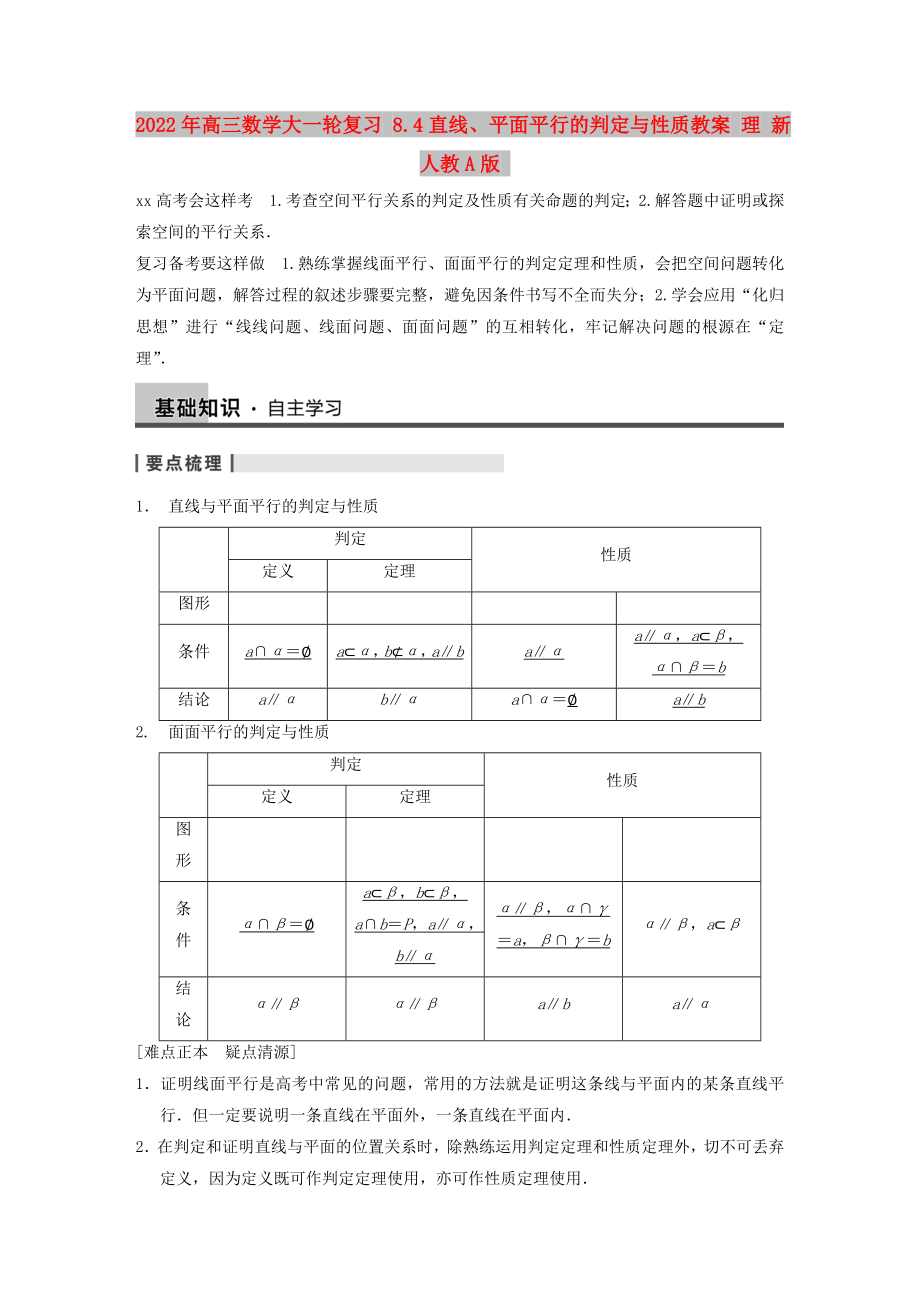 2022年高三數(shù)學(xué)大一輪復(fù)習(xí) 8.4直線、平面平行的判定與性質(zhì)教案 理 新人教A版_第1頁(yè)