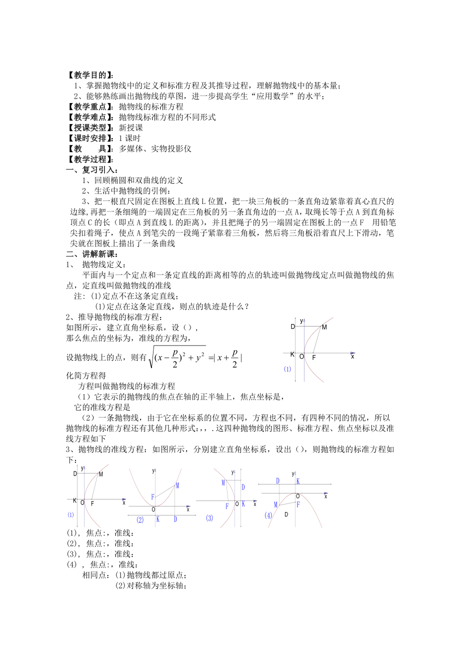 2022年高三数学 抛物线的定义及其标准方程教案 新人教A版选修2-1_第1页