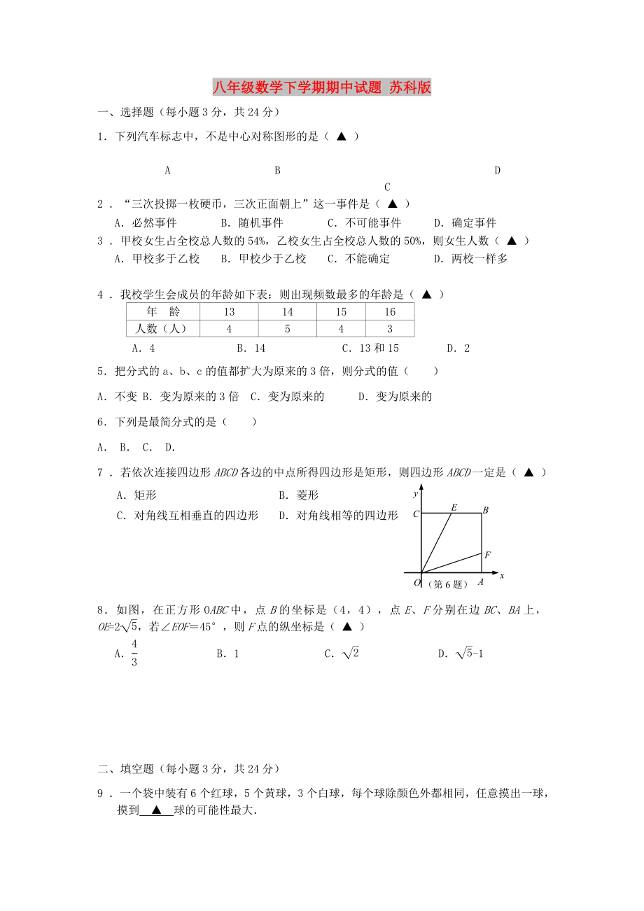 八年級數(shù)學下學期期中試題 蘇科版_第1頁