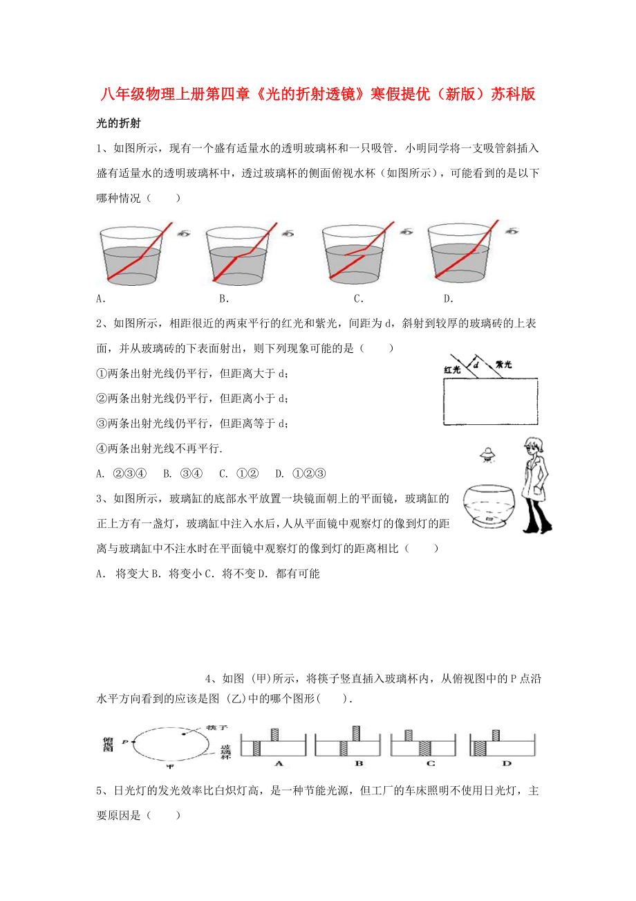 八年級(jí)物理上冊(cè)第四章《光的折射透鏡》寒假提優(yōu)（新版）蘇科版_第1頁(yè)