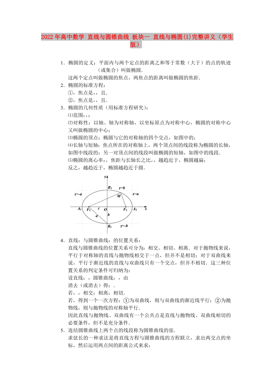 2022年高中數(shù)學 直線與圓錐曲線 板塊一 直線與橢圓(1)完整講義（學生版）_第1頁