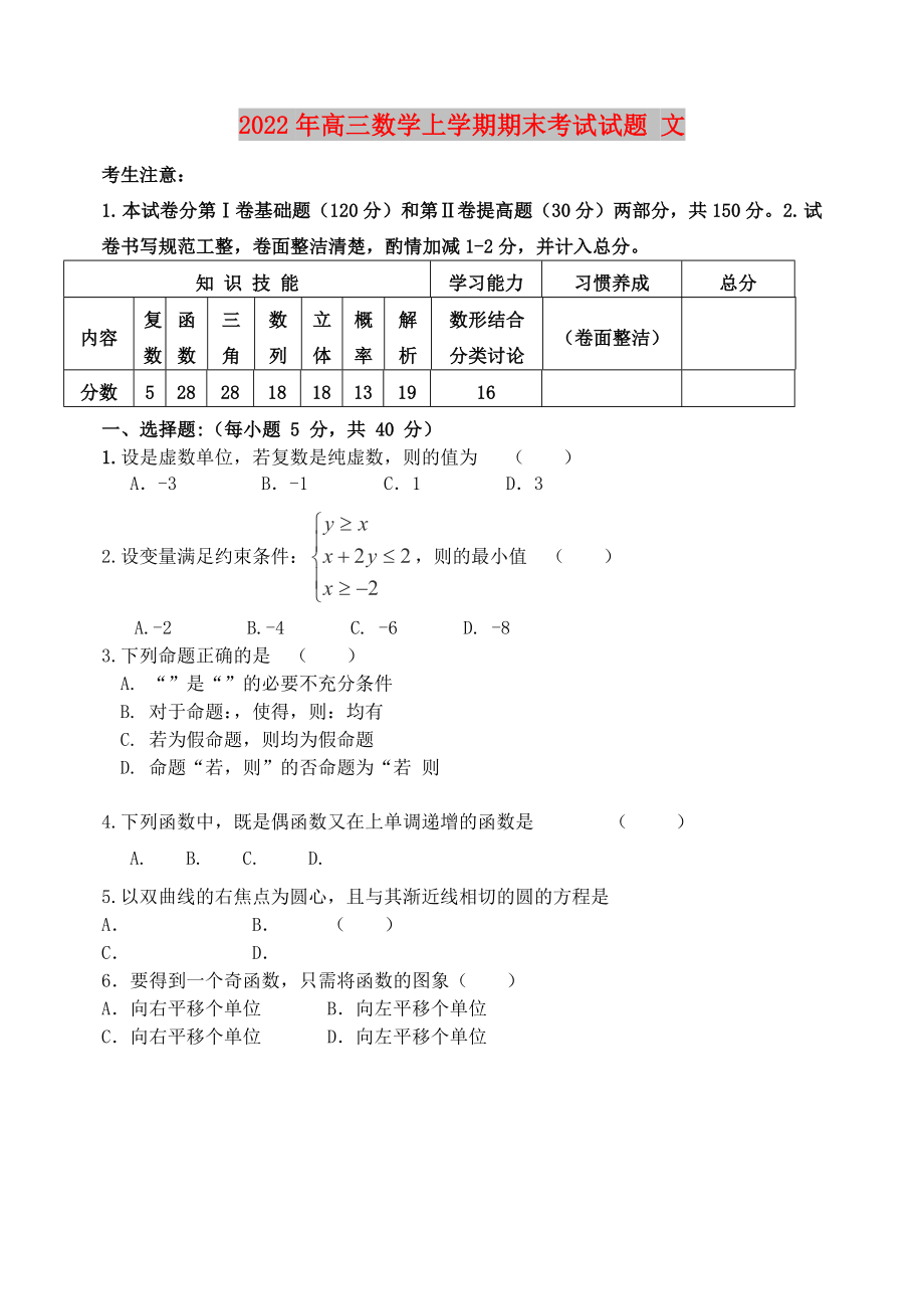 2022年高三數(shù)學(xué)上學(xué)期期末考試試題 文_第1頁(yè)