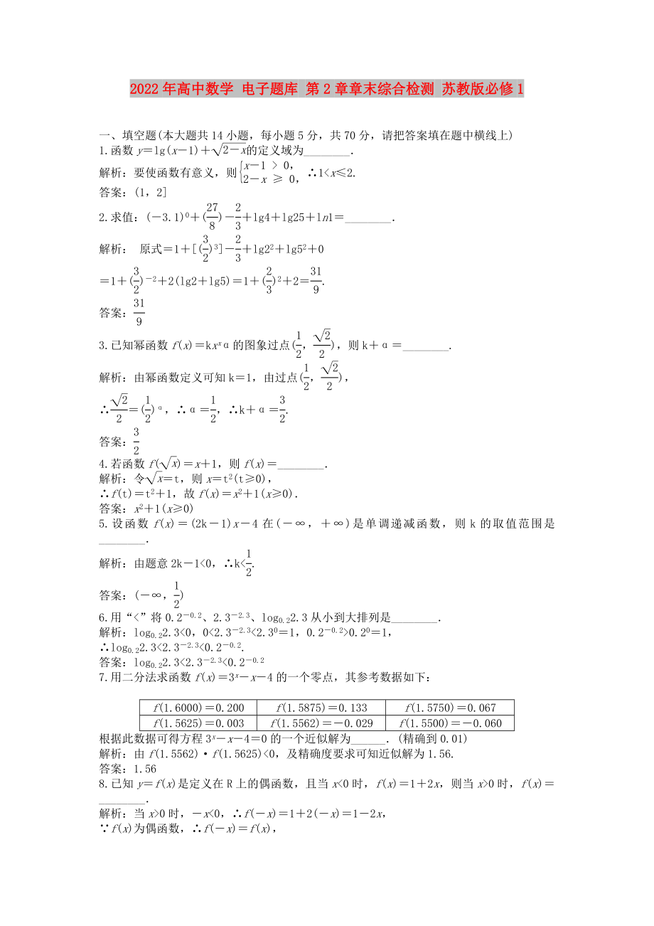 2022年高中数学 电子题库 第2章章末综合检测 苏教版必修1_第1页