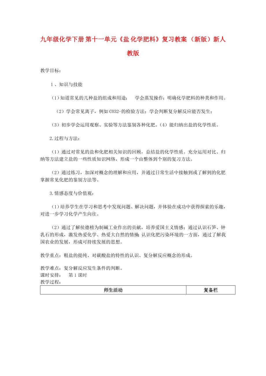 九年级化学下册 第十一单元《盐 化学肥料》复习教案 （新版）新人教版_第1页