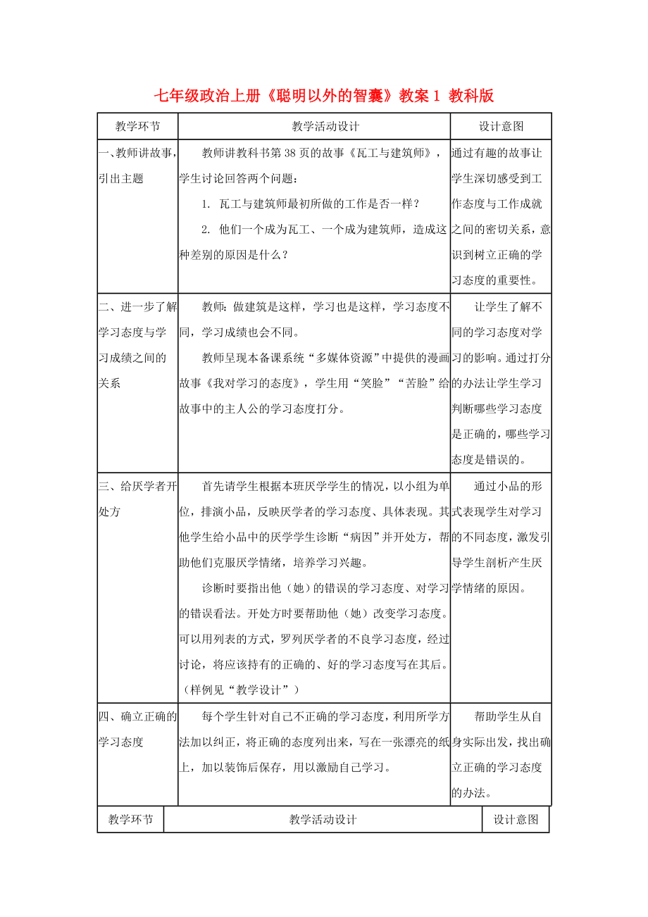 七年級(jí)政治上冊(cè)《聰明以外的智囊》教案1 教科版_第1頁(yè)