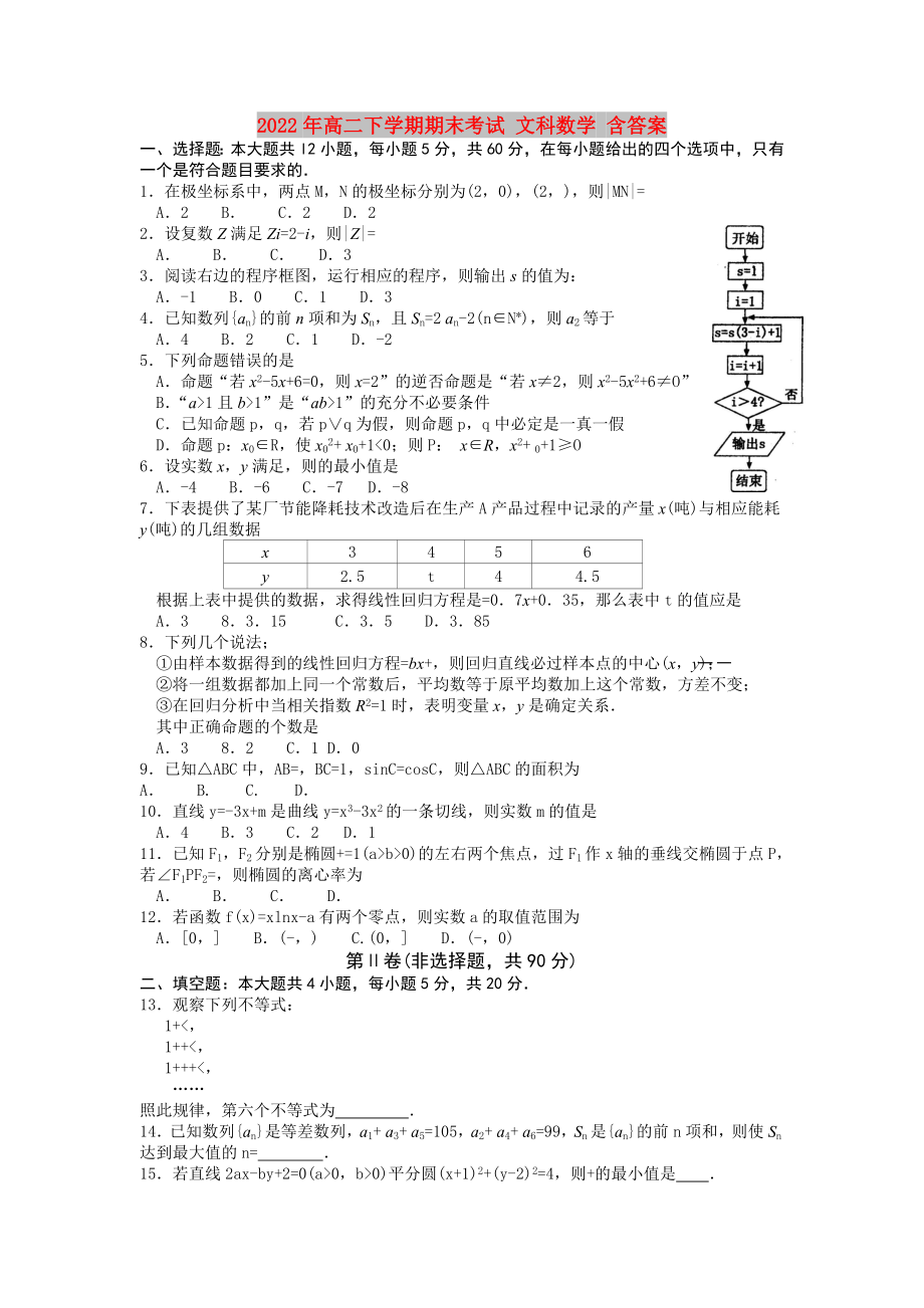 2022年高二下學(xué)期期末考試 文科數(shù)學(xué) 含答案_第1頁