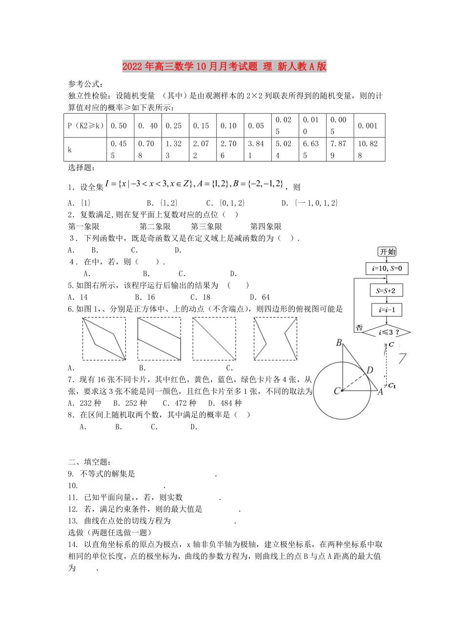 2022年高三數(shù)學(xué)10月月考試題 理 新人教A版_第1頁(yè)