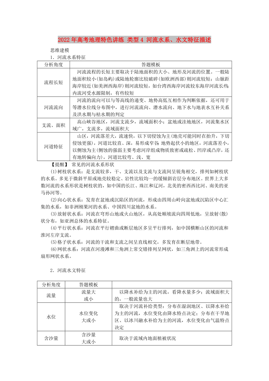 2022年高考地理特色講練 類型4 河流水系、水文特征描述_第1頁