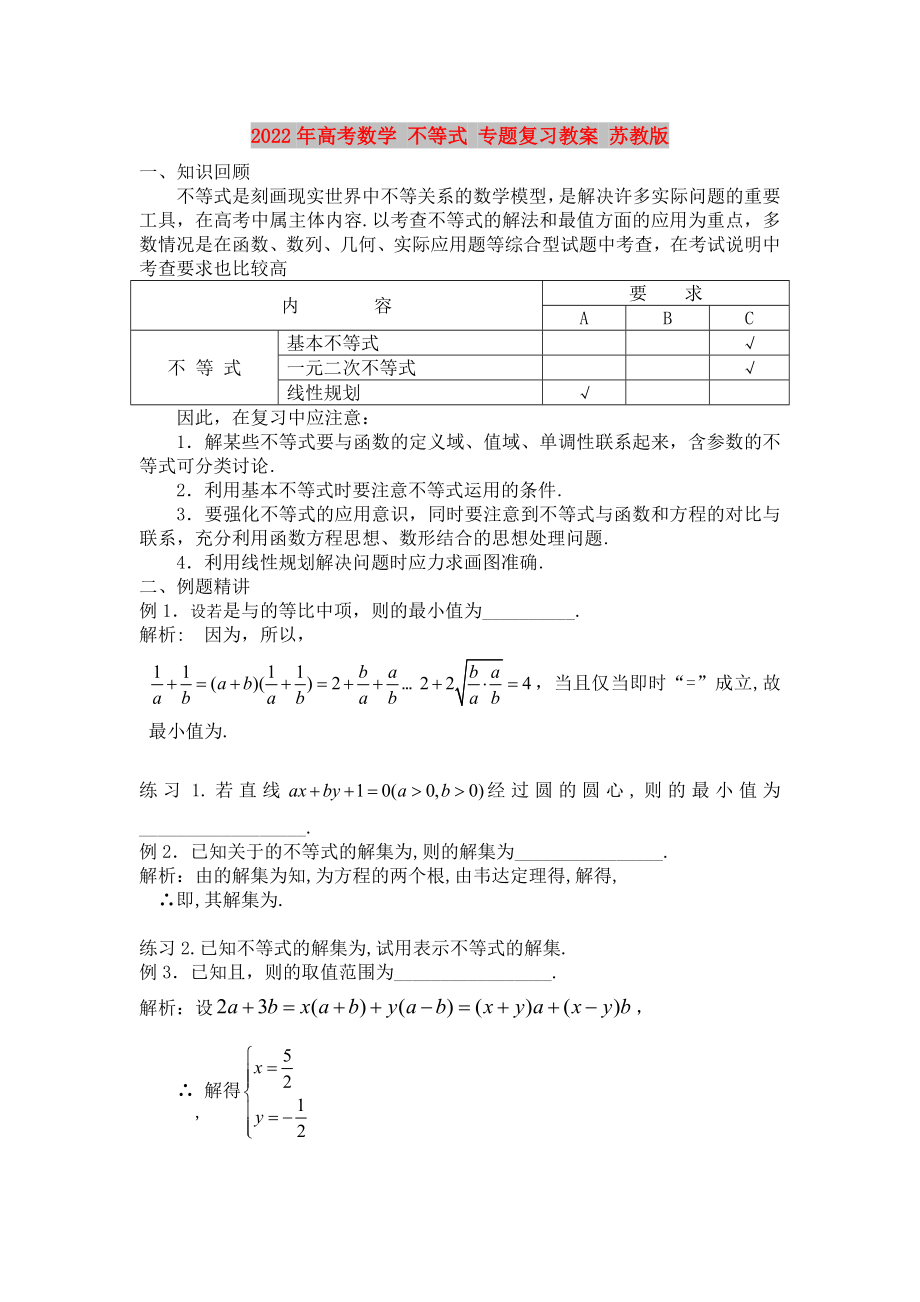 2022年高考數(shù)學 不等式 專題復習教案 蘇教版_第1頁