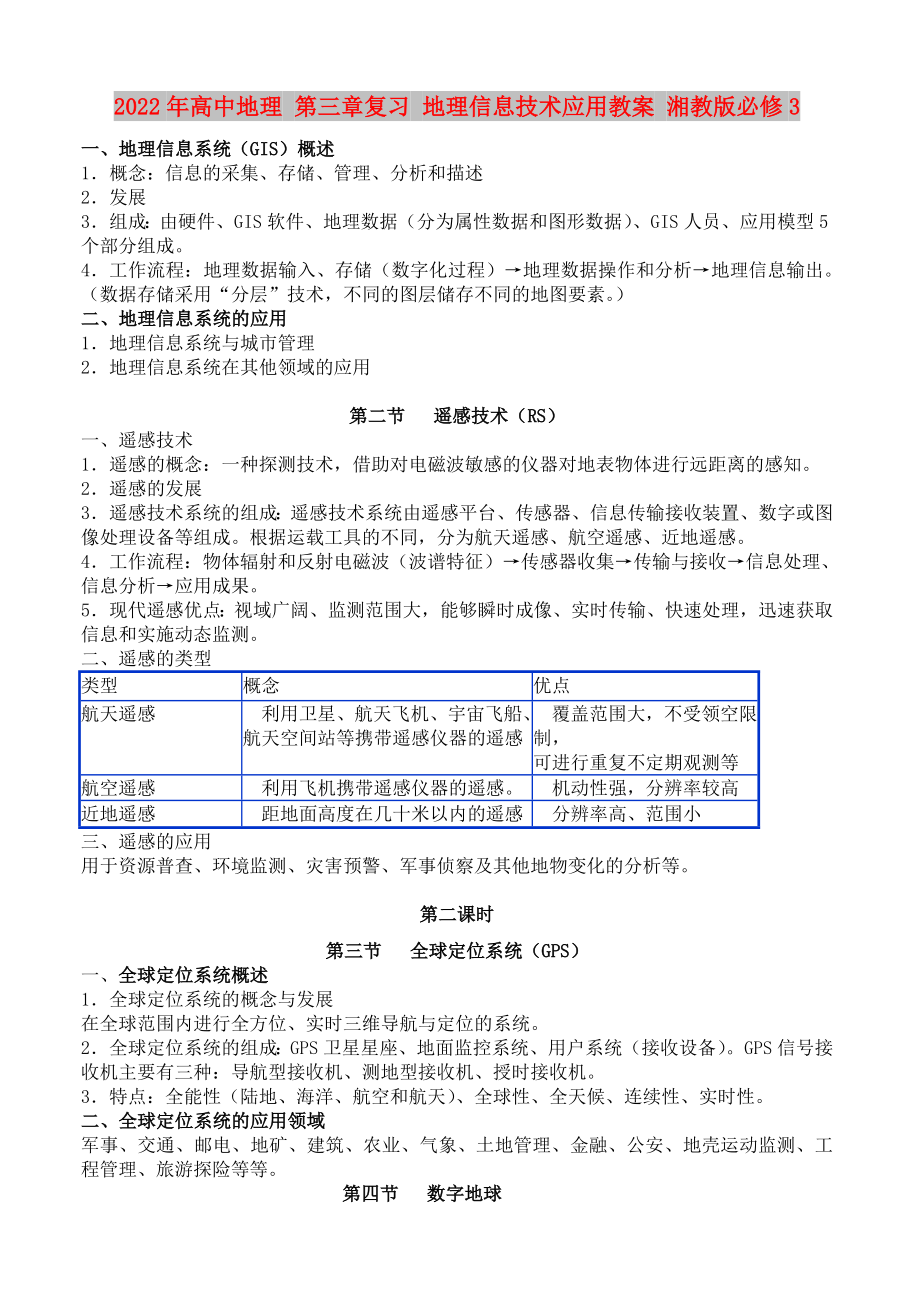 2022年高中地理 第三章復(fù)習(xí) 地理信息技術(shù)應(yīng)用教案 湘教版必修3_第1頁(yè)