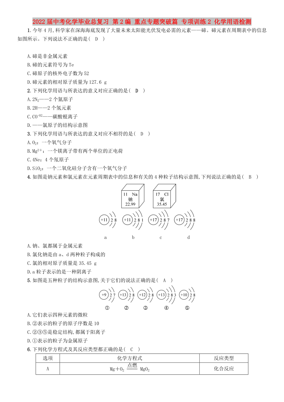 2022屆中考化學(xué)畢業(yè)總復(fù)習(xí) 第2編 重點(diǎn)專題突破篇 專項(xiàng)訓(xùn)練2 化學(xué)用語檢測_第1頁