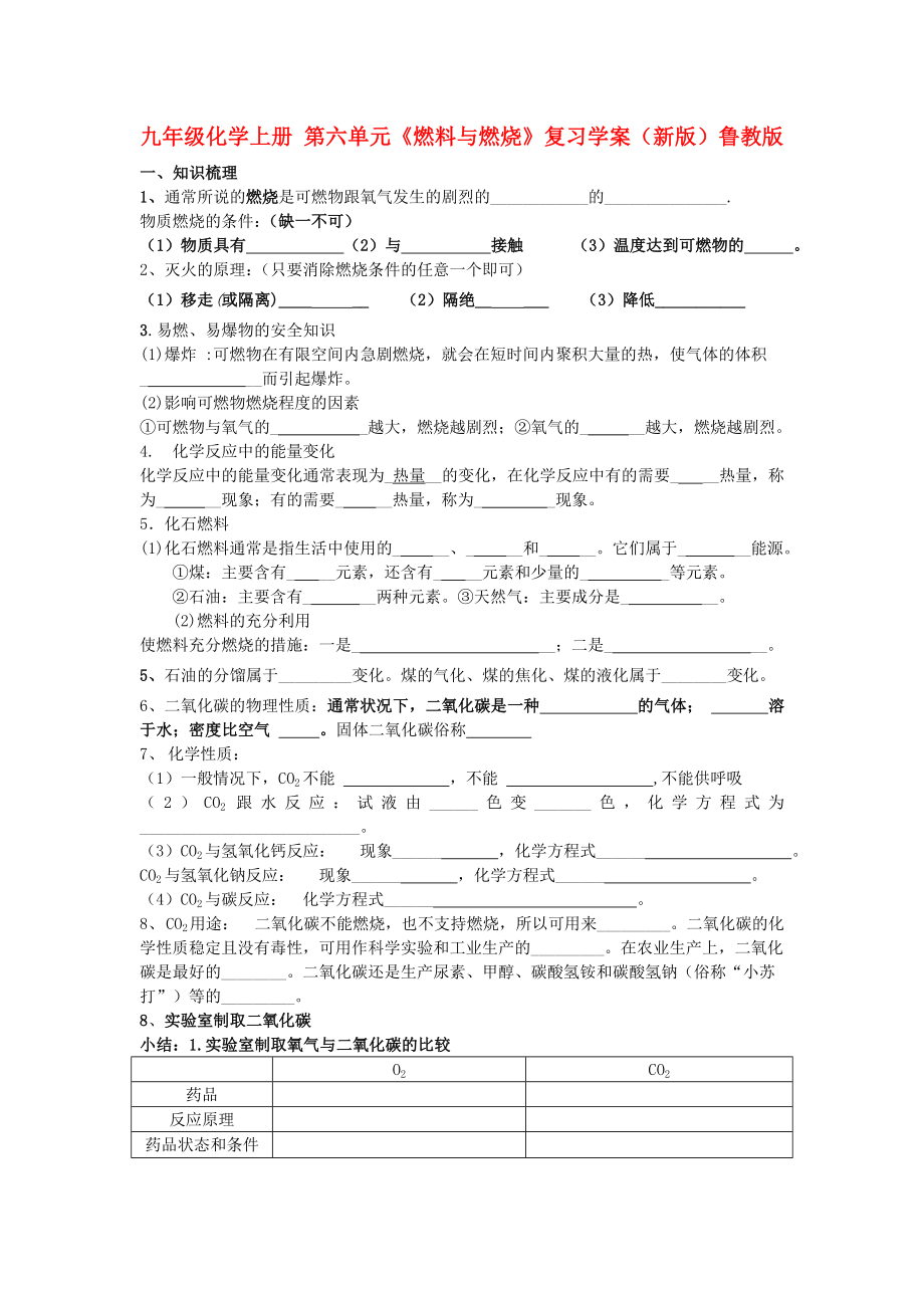 九年級化學上冊 第六單元《燃料與燃燒》復習學案（新版）魯教版_第1頁