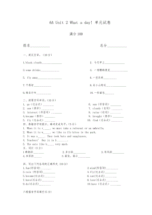 譯林版 新6A Unit 2 What a day單元測試卷