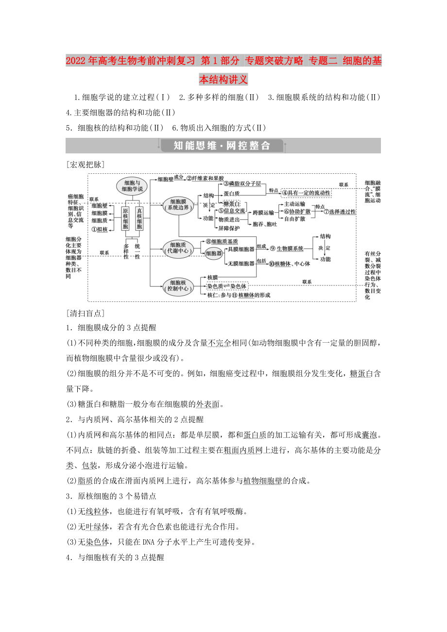 2022年高考生物考前冲刺复习 第1部分 专题突破方略 专题二 细胞的基本结构讲义_第1页