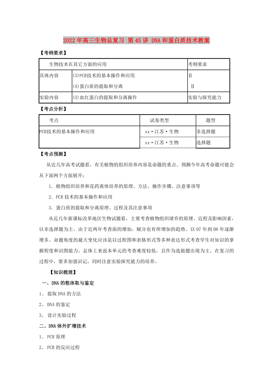 2022年高三生物總復(fù)習(xí) 第45講 DNA和蛋白質(zhì)技術(shù)教案_第1頁