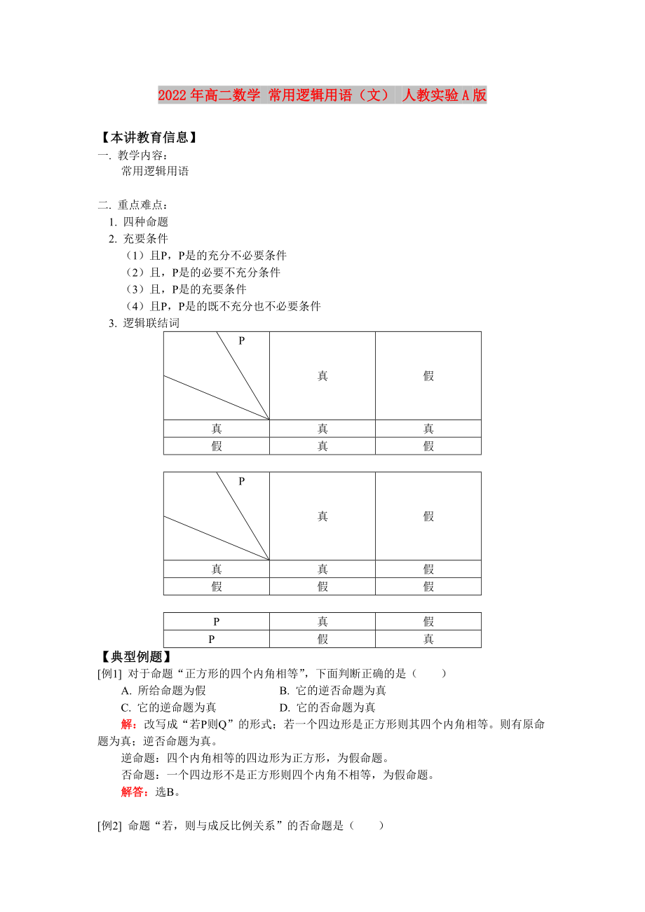 2022年高二數(shù)學(xué) 常用邏輯用語（文） 人教實驗A版_第1頁