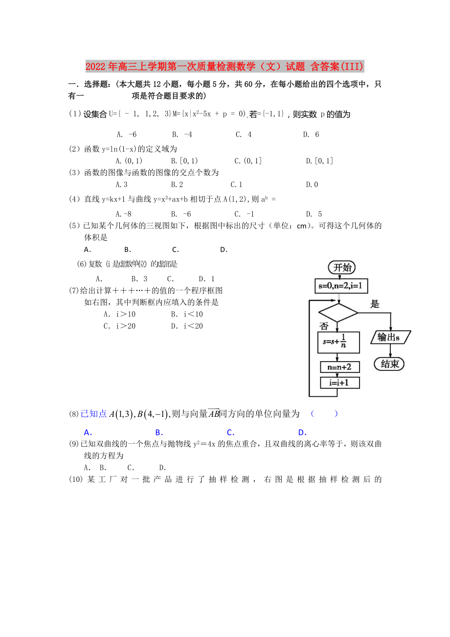 2022年高三上學(xué)期第一次質(zhì)量檢測(cè)數(shù)學(xué)（文）試題 含答案(III)_第1頁(yè)