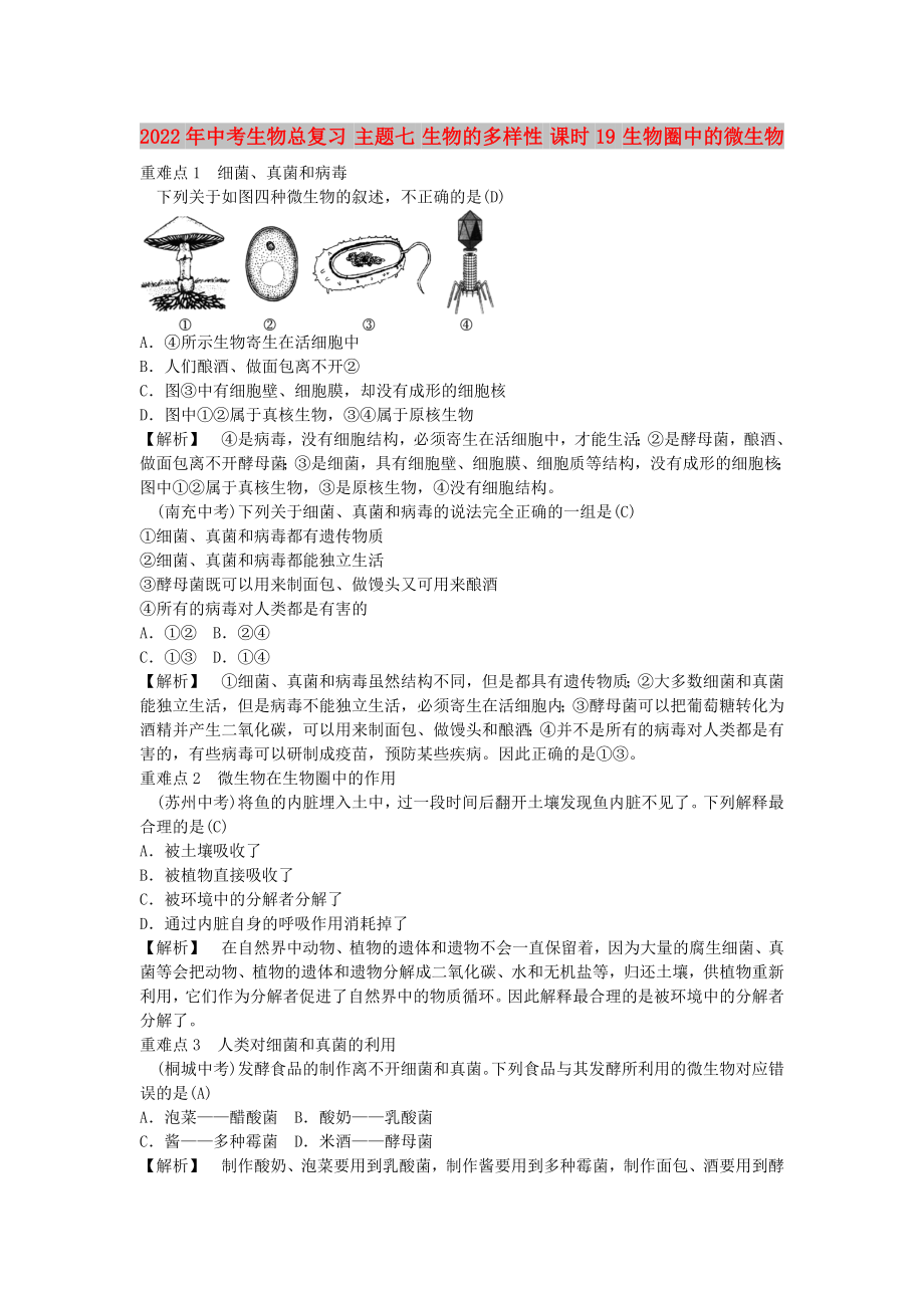 2022年中考生物總復(fù)習(xí) 主題七 生物的多樣性 課時19 生物圈中的微生物_第1頁