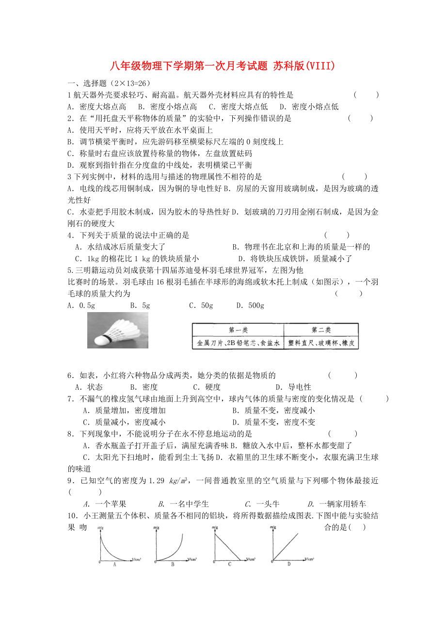 八年級物理下學(xué)期第一次月考試題 蘇科版(VIII)_第1頁