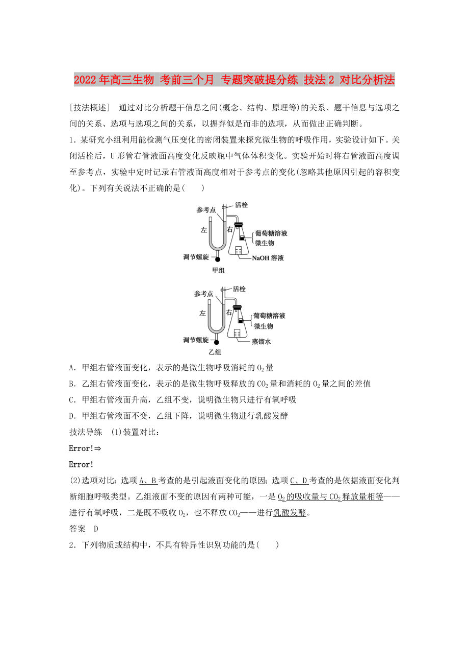 2022年高三生物 考前三個月 專題突破提分練 技法2 對比分析法_第1頁