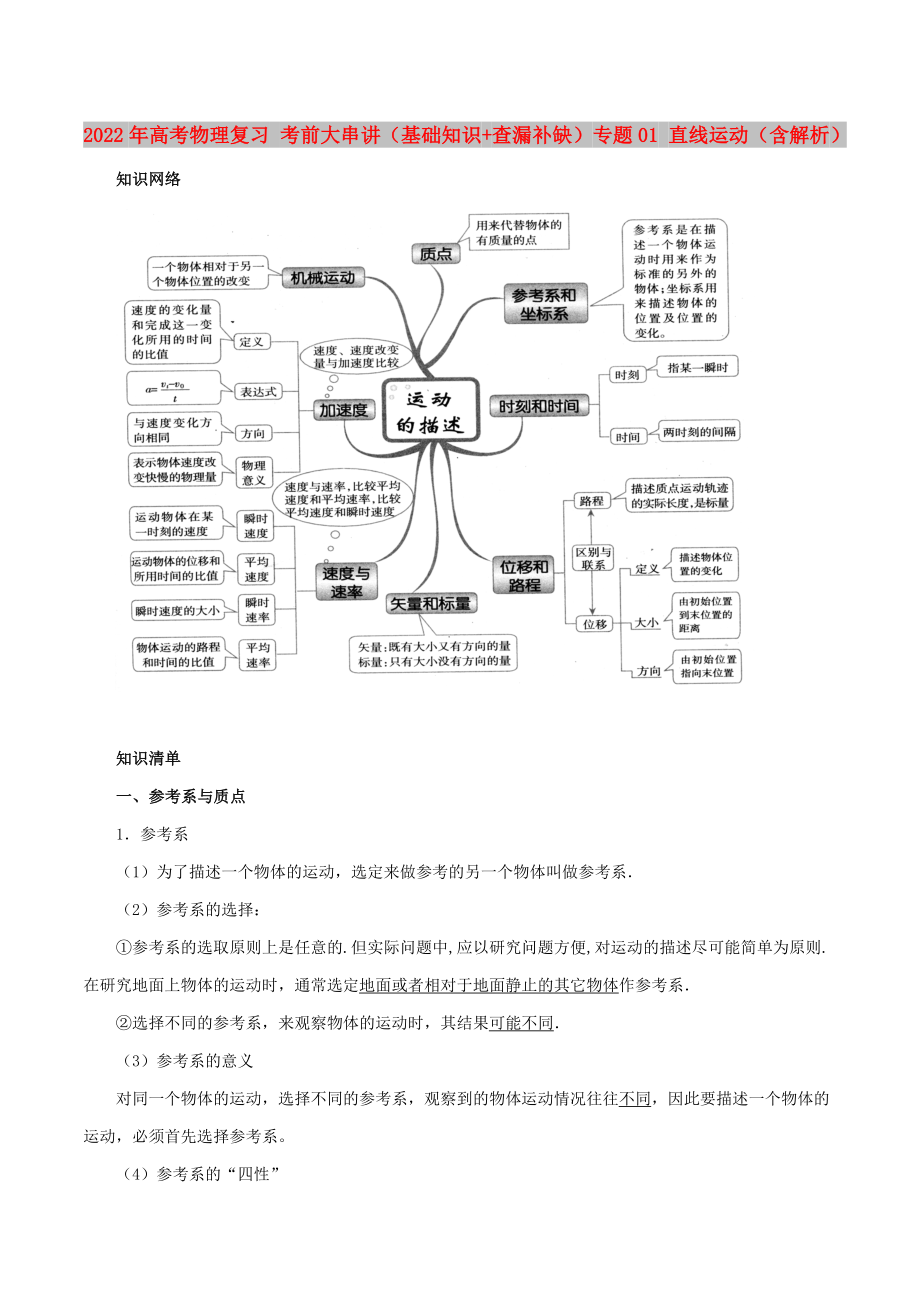 2022年高考物理復習 考前大串講（基礎(chǔ)知識+查漏補缺）專題01 直線運動（含解析）_第1頁