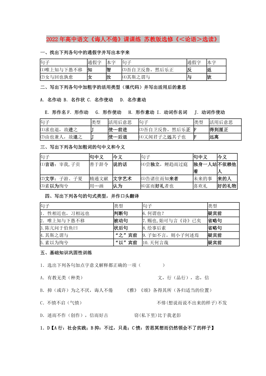 2022年高中語文《誨人不倦》課課練 蘇教版選修《＜論語＞選讀》_第1頁