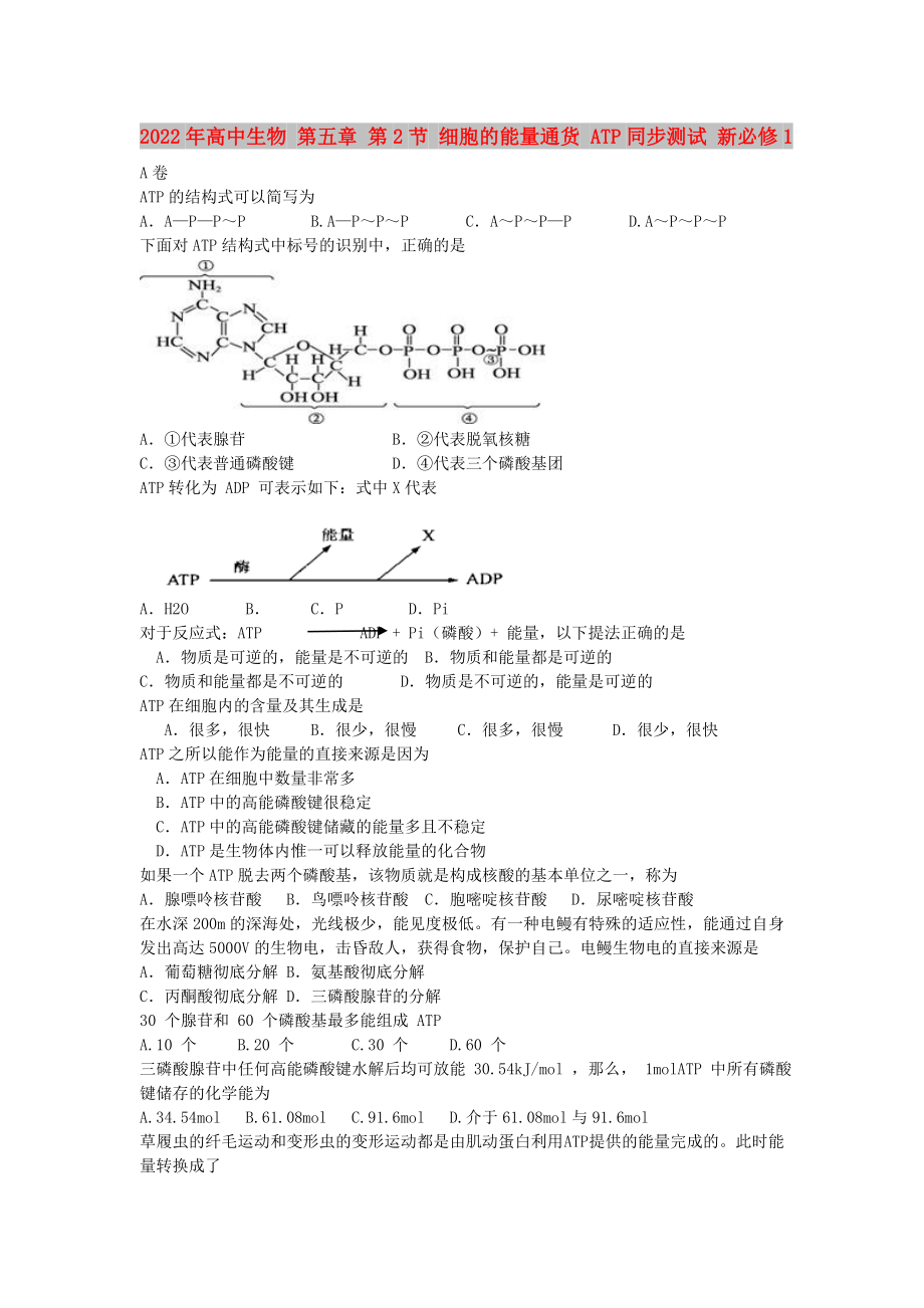 2022年高中生物 第五章 第2節(jié) 細(xì)胞的能量通貨 ATP同步測試 新必修1_第1頁