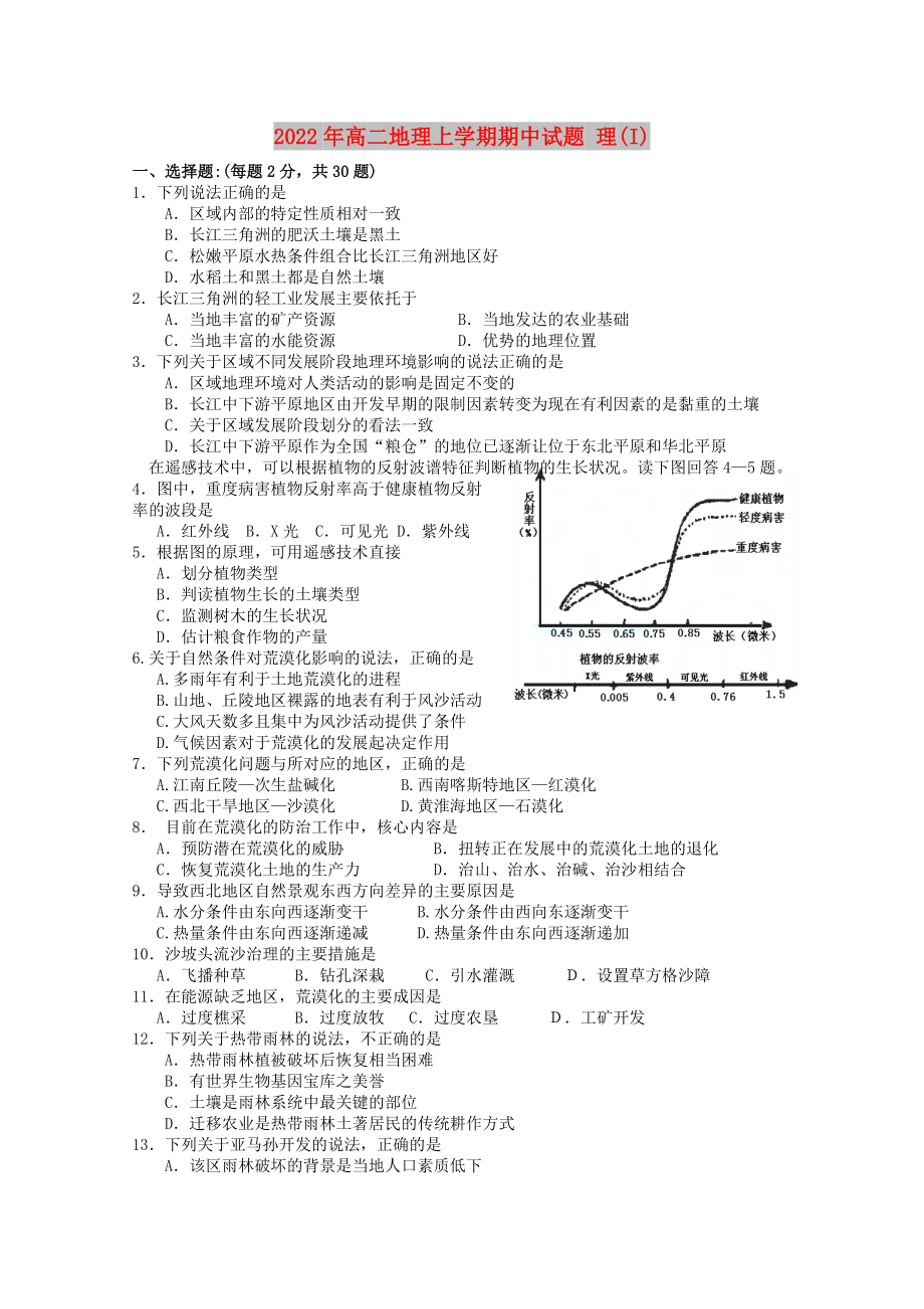 2022年高二地理上學(xué)期期中試題 理(I)_第1頁