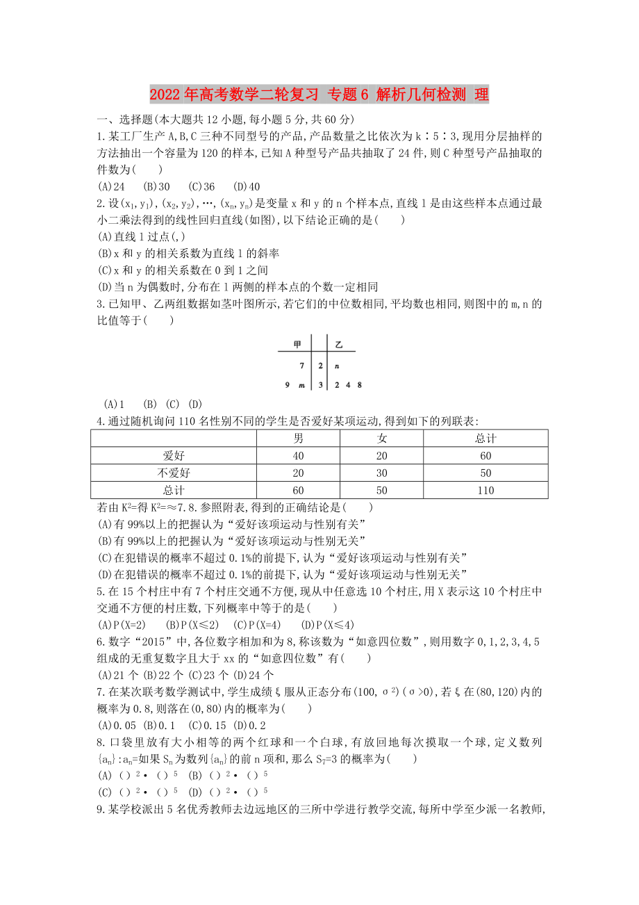 2022年高考數(shù)學(xué)二輪復(fù)習(xí) 專題6 解析幾何檢測(cè) 理_第1頁