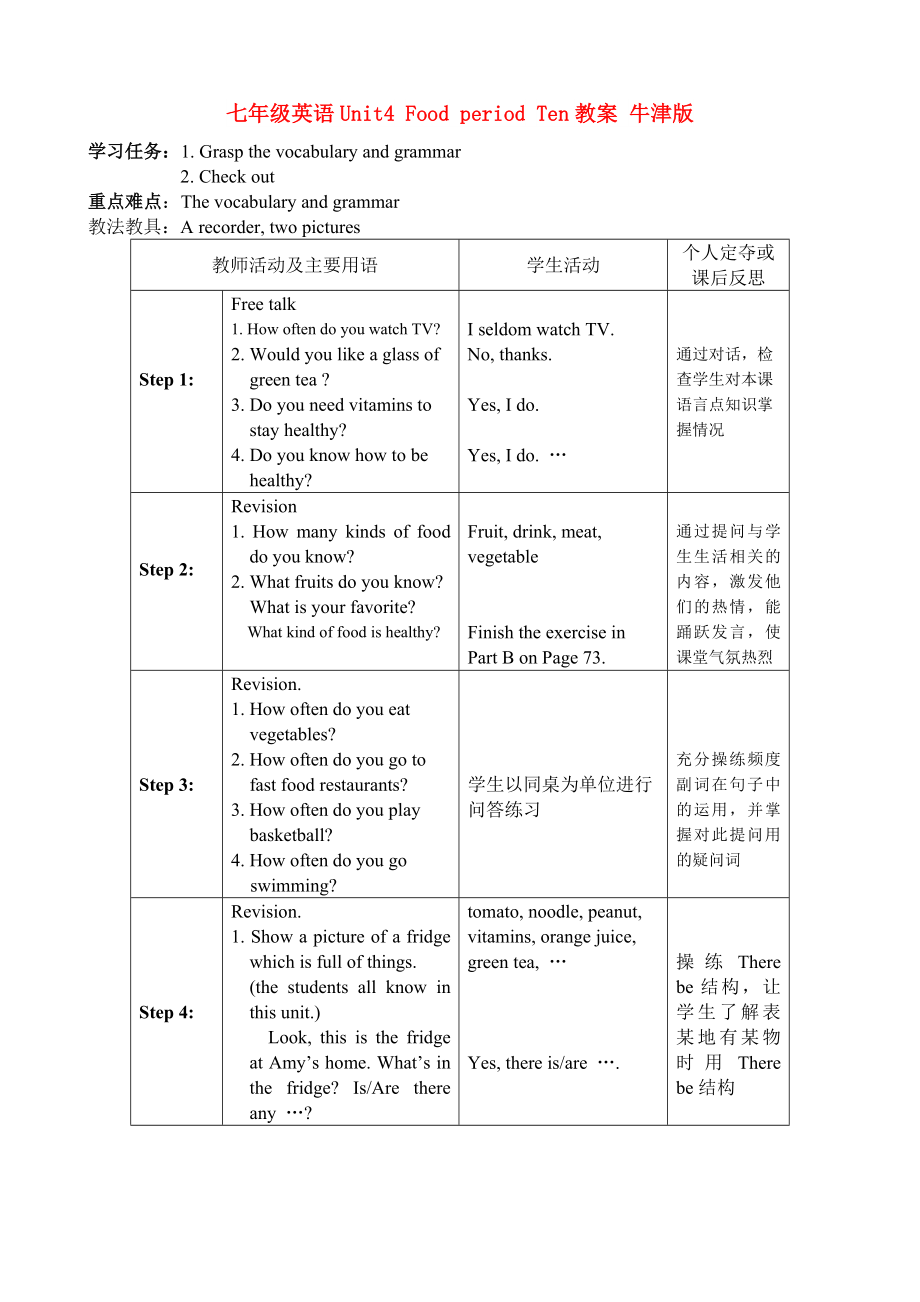 七年級英語Unit4 Food period Ten教案 牛津版_第1頁