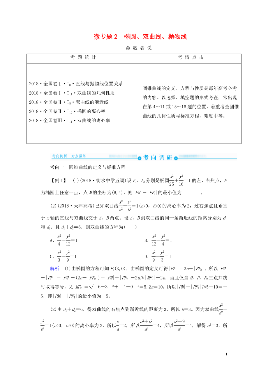 2019高考高考數(shù)學二輪復習 第二部分 第六講 解析幾何 微專題2 橢圓、雙曲線、拋物線學案 理_第1頁