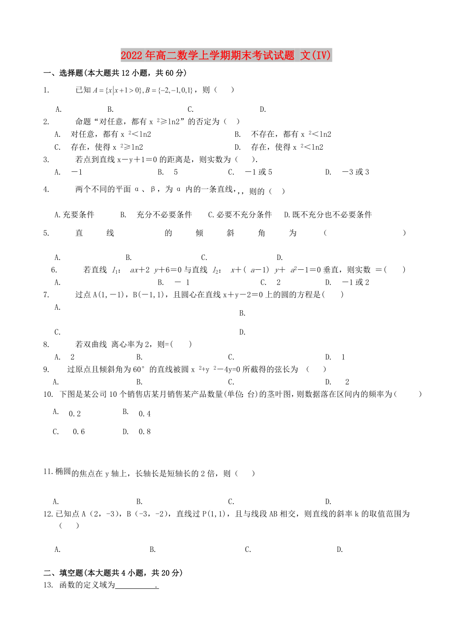 2022年高二數(shù)學(xué)上學(xué)期期末考試試題 文(IV)_第1頁(yè)