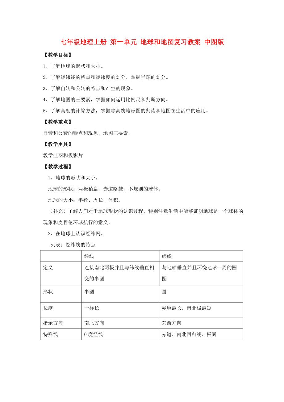 七年級地理上冊 第一單元 地球和地圖復(fù)習(xí)教案 中圖版_第1頁