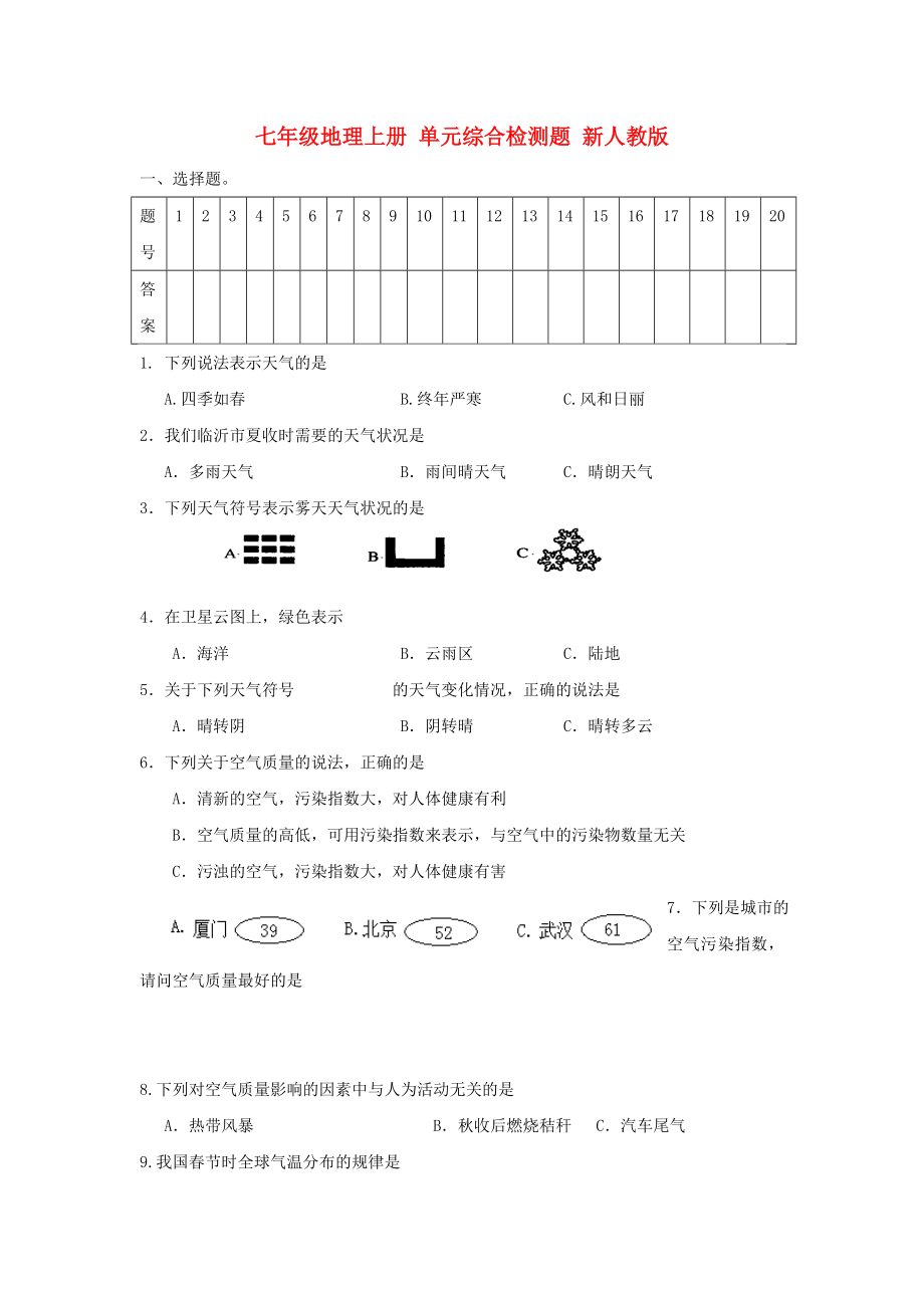 七年級(jí)地理上冊(cè) 單元綜合檢測(cè)題 新人教版_第1頁(yè)