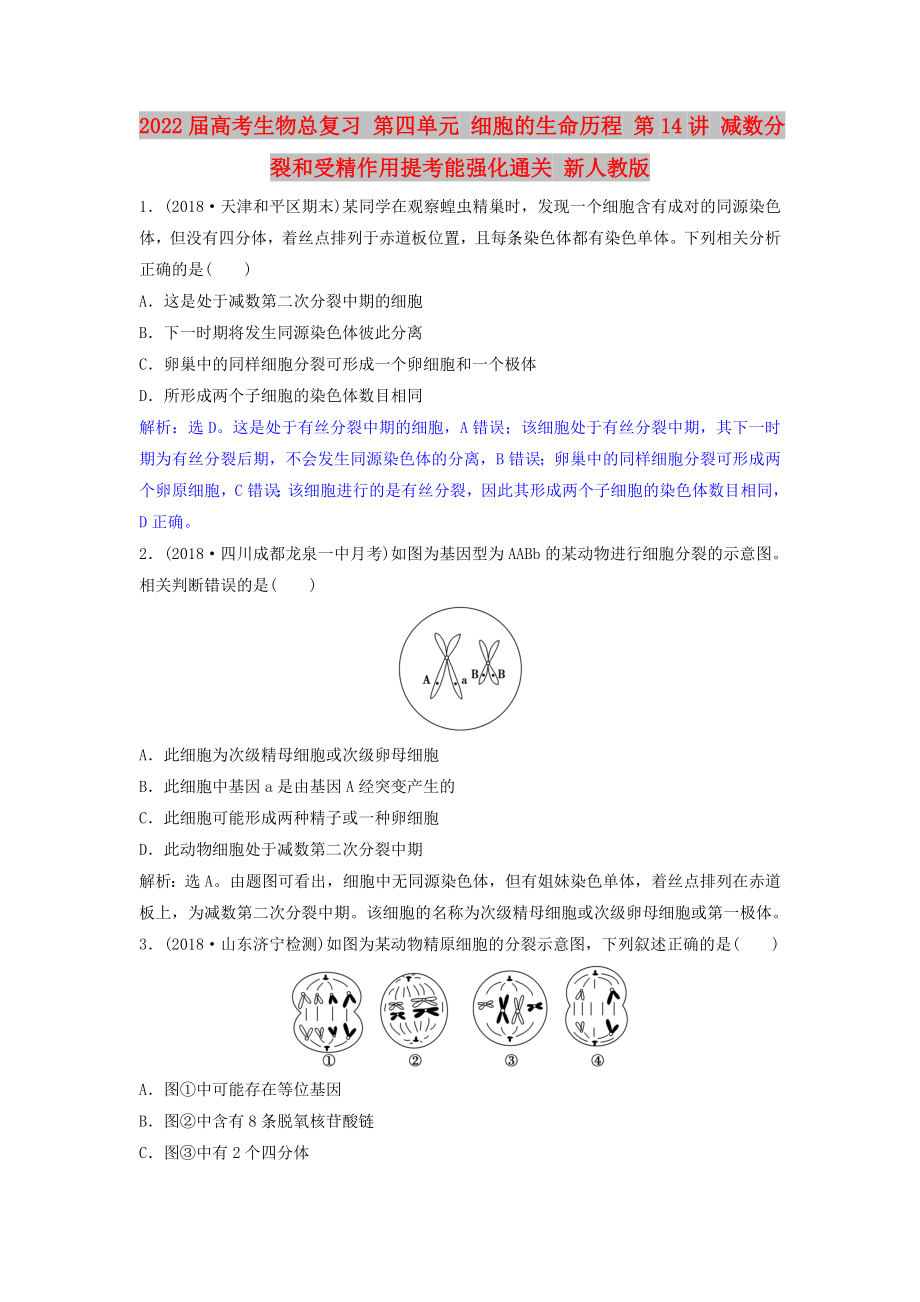 2022屆高考生物總復(fù)習(xí) 第四單元 細胞的生命歷程 第14講 減數(shù)分裂和受精作用提考能強化通關(guān) 新人教版_第1頁