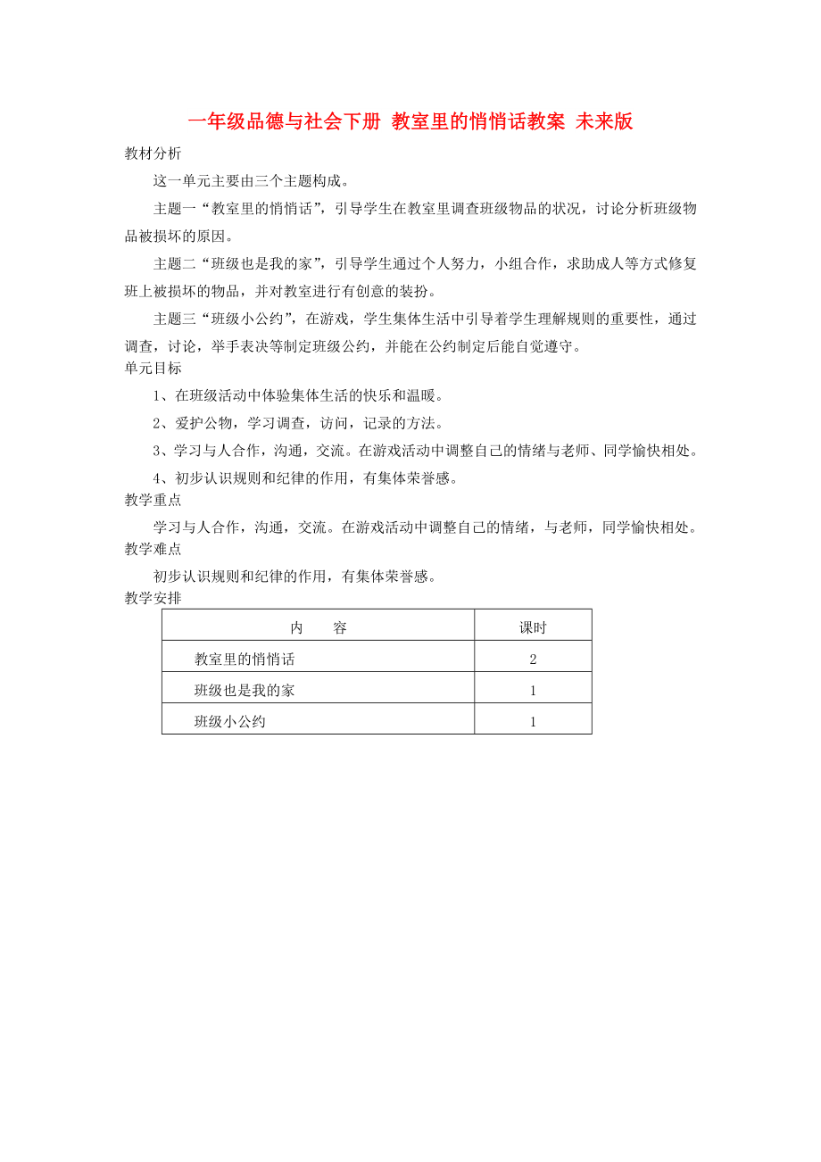 一年級(jí)品德與社會(huì)下冊(cè) 教室里的悄悄話教案 未來版_第1頁