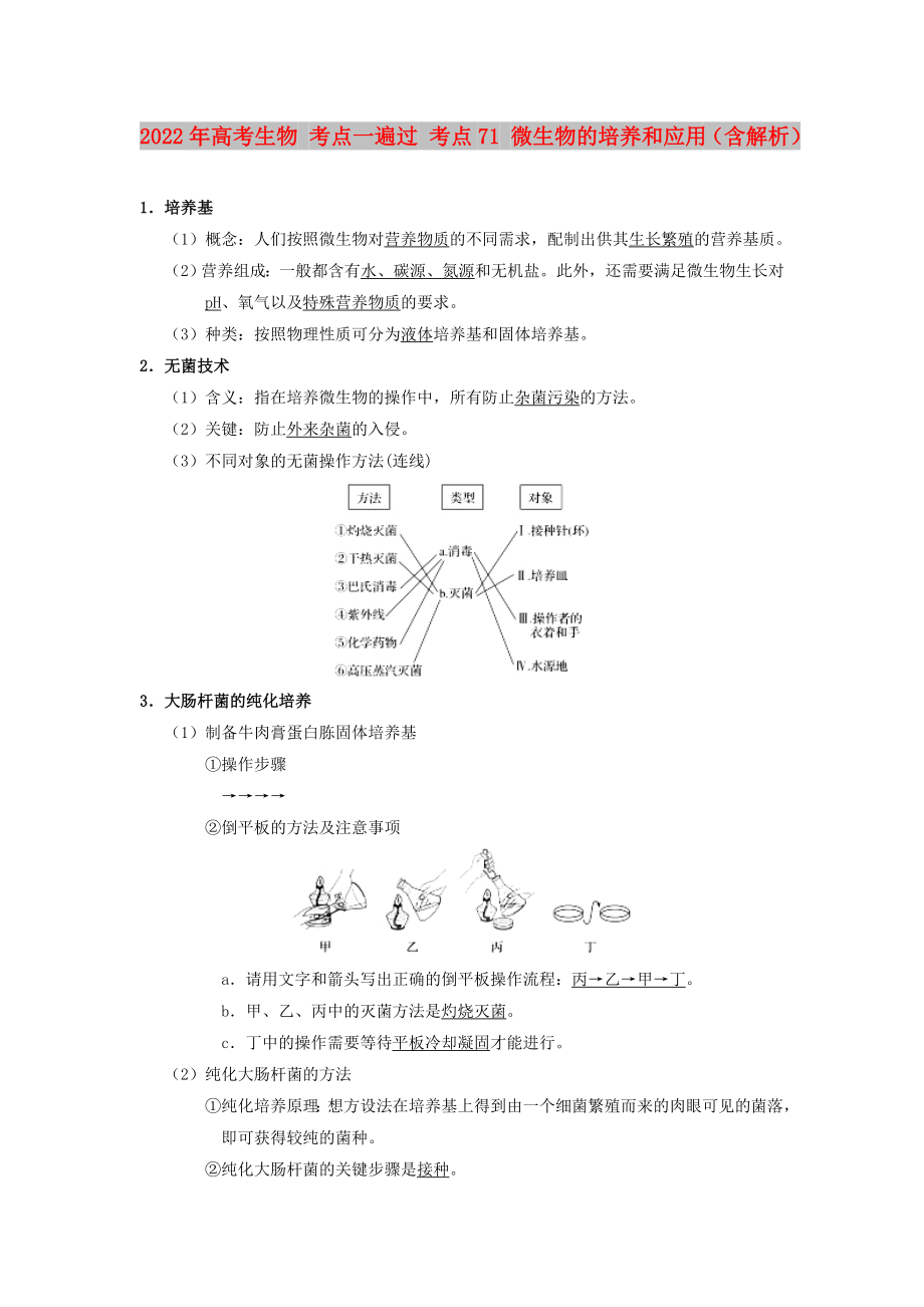 2022年高考生物 考點(diǎn)一遍過(guò) 考點(diǎn)71 微生物的培養(yǎng)和應(yīng)用（含解析）_第1頁(yè)