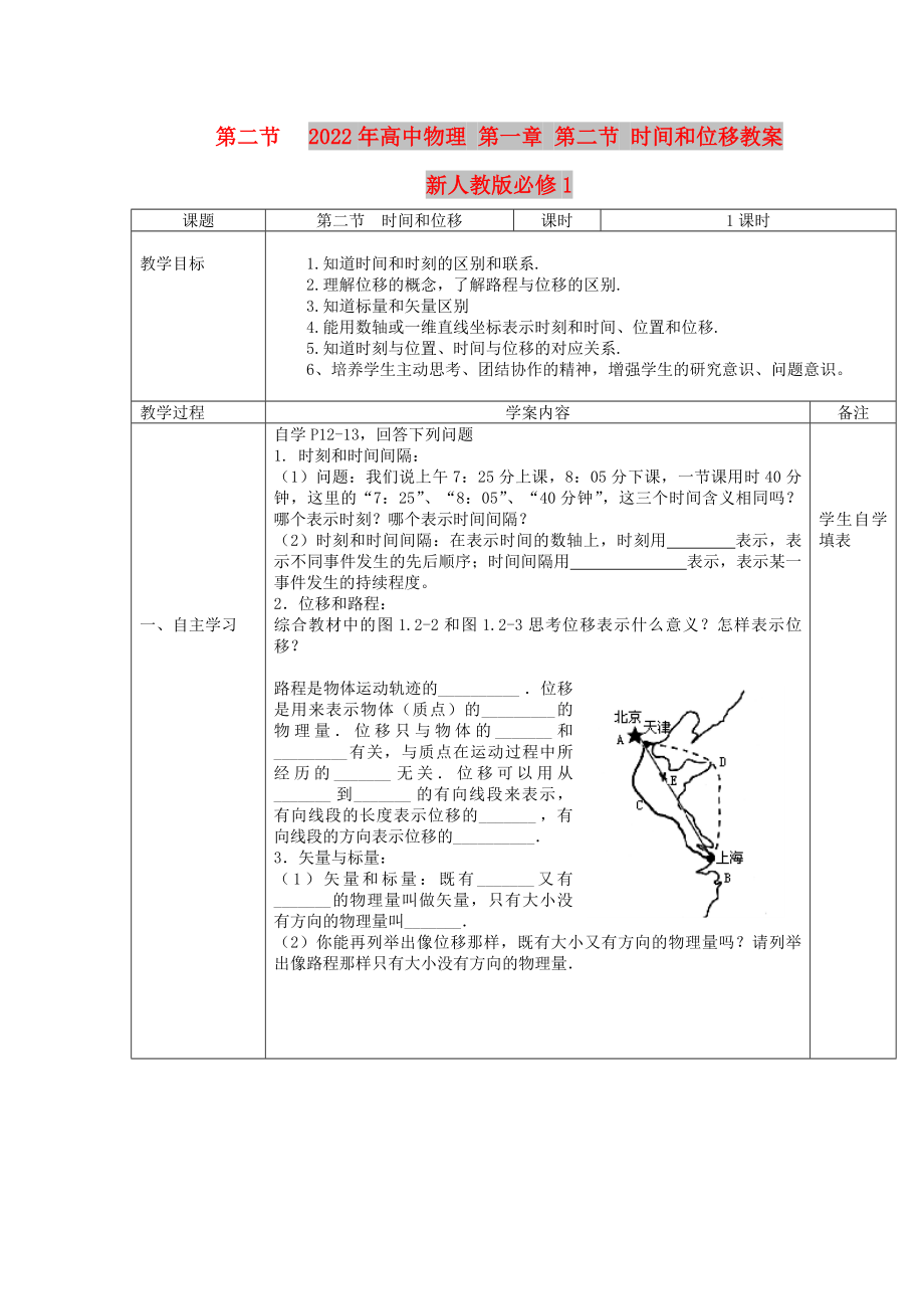 2022年高中物理 第一章 第二節(jié) 時(shí)間和位移教案 新人教版必修1_第1頁